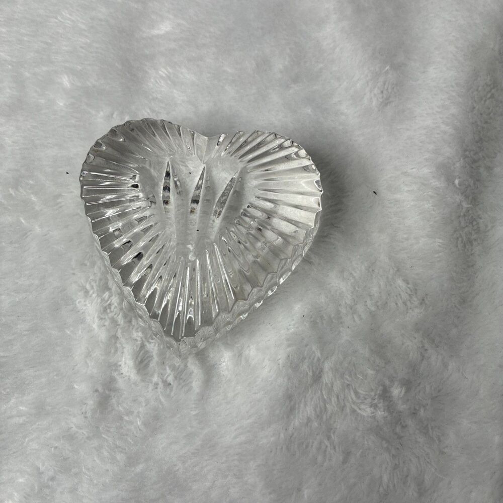 Vintage Clear Crystal Glass Heart Paperweight Faceted Ribbed Valentine Decor